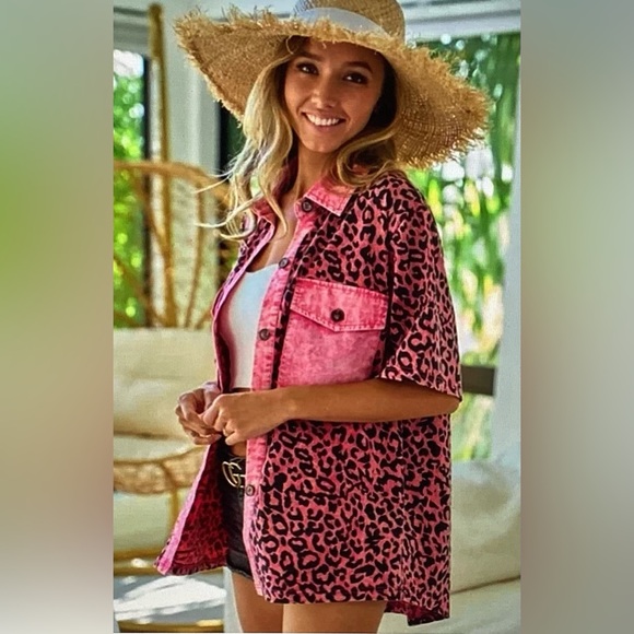 BiBi Pink Leopard Print Button-Up Shirt - Picture 4 of 6